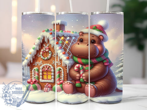 Cute Christmas Tumbler, Baby Hippo Design, Gingerbread House Wrap, Holiday Drinkware, Festive Gift, Winter Decor, Sublimation Design, Adorable Holiday Tumbler Sublimation ToriDesigns 
