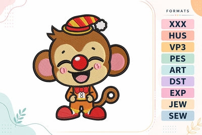 Cute Circus Monkey Embroidery Design - Kawaii Clown Monkey Embroidery/Applique DESIGNS sg embroidery 