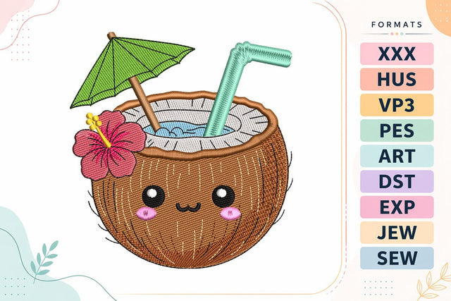Cute Coconut Drink Embroidery Design - Kawaii Tropical Coconut Embroidery/Applique DESIGNS sg embroidery 