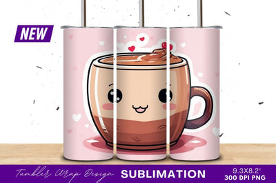 Cute coffee mug cartoon character with hearts Sublimation Regulrcrative 