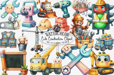 Cute Construction Watercolor Clipart Sublimation SVGista 