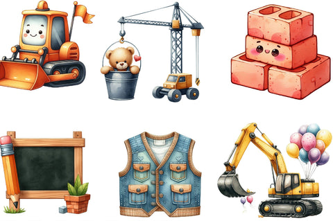 Cute Construction Watercolor Clipart Sublimation SVGista 