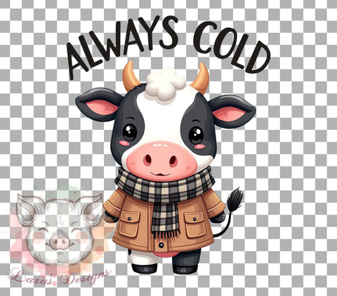 Cute Cow Design, Funny Cow PNG, Sarcastic Art, Sublimation Download, Always Cold, Digital Download, Printable Cow, Farm Animal Humor Sublimation Lara' s Designs 