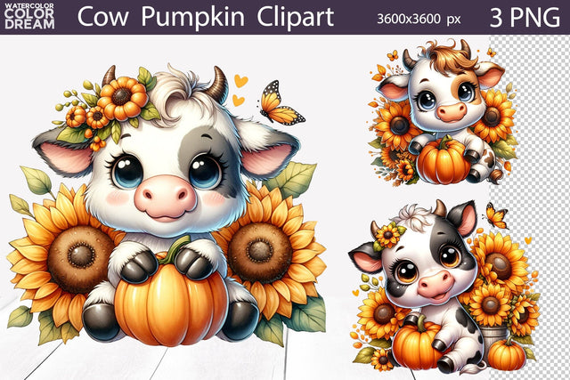 Cute Cow Fall Clipart | Cow Pumpkin Sublimation Sublimation WatercolorColorDream 