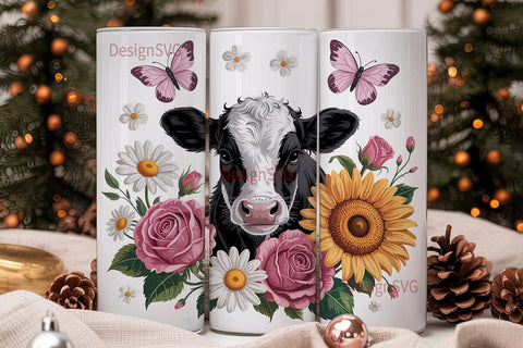 Cute Cow Floral 20oz Tumbler Wrap Sublimation DesignSVG 