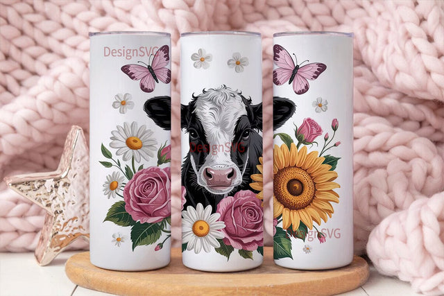Cute Cow Floral 20oz Tumbler Wrap Sublimation DesignSVG 