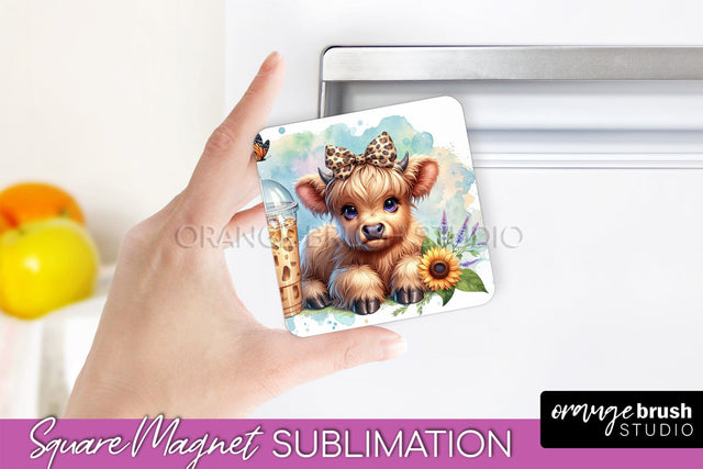 Cute Cow Magnet Sublimation - Highland Cow With Coffee Sublimation OrangeBrushStudio 