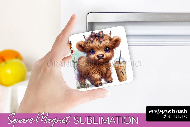 Cute Cow Magnet Sublimation - Highland Cow With Coffee Sublimation OrangeBrushStudio 