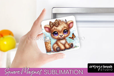 Cute Cow Magnet Sublimation - Highland Cow With Coffee Sublimation OrangeBrushStudio 