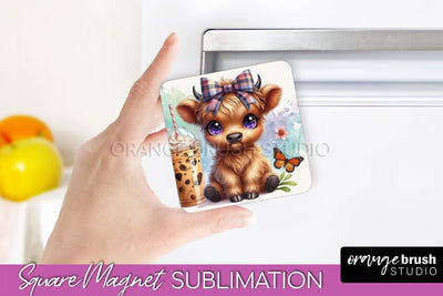 Cute Cow Magnet Sublimation - Highland Cow With Coffee Sublimation OrangeBrushStudio 