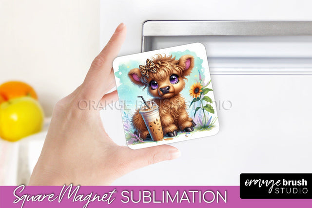 Cute Cow Magnet Sublimation - Highland Cow With Coffee Sublimation OrangeBrushStudio 