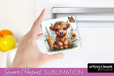Cute Cow Magnet Sublimation - Highland Cow With Coffee Sublimation OrangeBrushStudio 