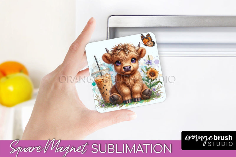 Cute Cow Magnet Sublimation - Highland Cow With Coffee Sublimation OrangeBrushStudio 