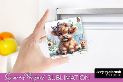 Cute Cow Magnet Sublimation - Highland Cow With Coffee Sublimation OrangeBrushStudio 