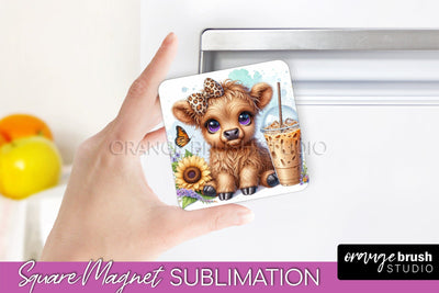 Cute Cow Magnet Sublimation - Highland Cow With Coffee Sublimation OrangeBrushStudio 