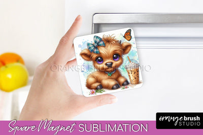 Cute Cow Magnet Sublimation - Highland Cow With Coffee Sublimation OrangeBrushStudio 