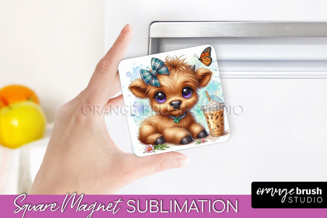 Cute Cow Magnet Sublimation - Highland Cow With Coffee Sublimation OrangeBrushStudio 