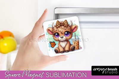 Cute Cow Magnet Sublimation - Highland Cow With Coffee Sublimation OrangeBrushStudio 