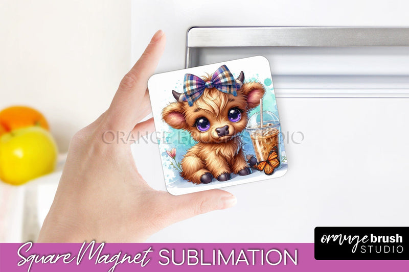 Cute Cow Magnet Sublimation - Highland Cow With Coffee Sublimation OrangeBrushStudio 