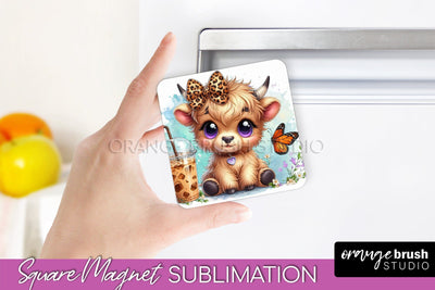Cute Cow Magnet Sublimation - Highland Cow With Coffee Sublimation OrangeBrushStudio 