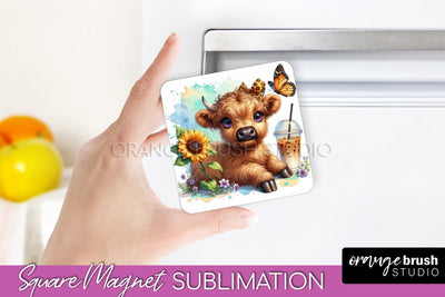 Cute Cow Magnet Sublimation - Highland Cow With Coffee Sublimation OrangeBrushStudio 