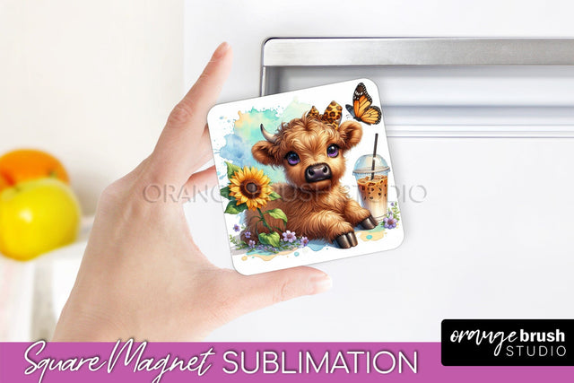 Cute Cow Magnet Sublimation - Highland Cow With Coffee Sublimation OrangeBrushStudio 