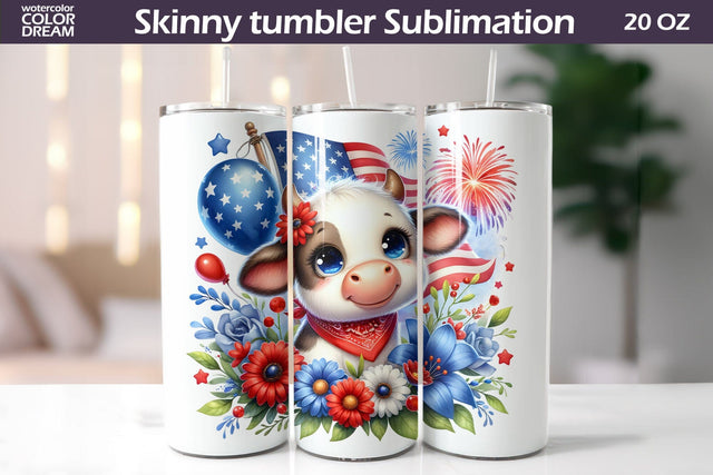 Cute Cow Patriotic Tumbler | 4th Of July Tumbler Sublimation WatercolorColorDream 
