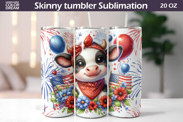 Cute Cow Patriotic Tumbler | 4th Of July Tumbler Sublimation WatercolorColorDream 