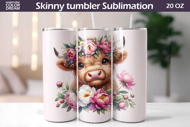 Cute Cow Peonies Tumbler | Highland Cow Flowers Tumbler Sublimation WatercolorColorDream 