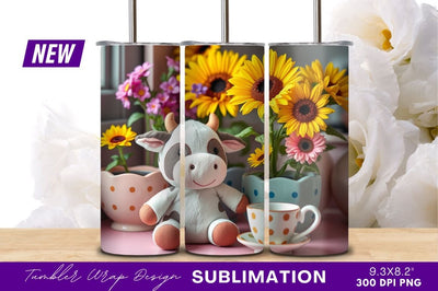 Cute Cow Plush With Flowers And Tumbler Sublimation Regulrcrative 