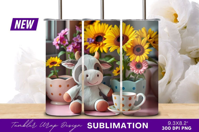 Cute Cow Plush With Flowers And Tumbler Sublimation Regulrcrative 