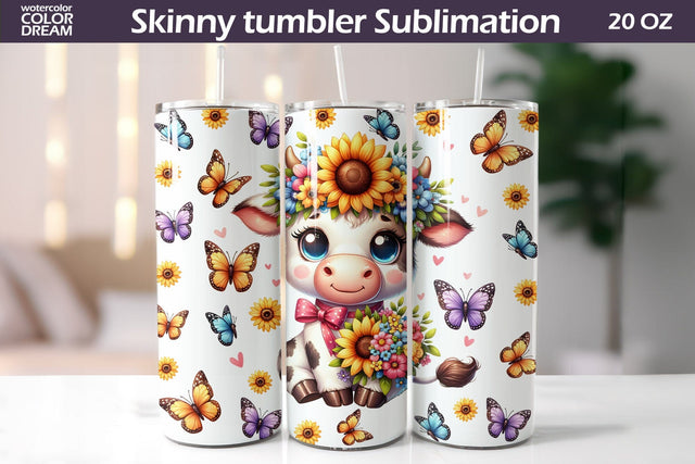 Cute Cow Sunflowers Tumbler | Cow Butterfly Tumbler Sublimation WatercolorColorDream 