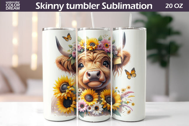 Cute Cow Sunflowers Tumbler Sublimation WatercolorColorDream 