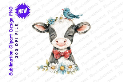 Cute cow with flowers and bird clipart Sublimation Regulrcrative 