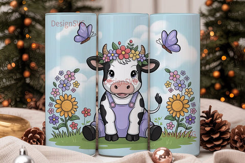 Cute Cow with Flowers Tumbler Wrap Sublimation DesignSVG 