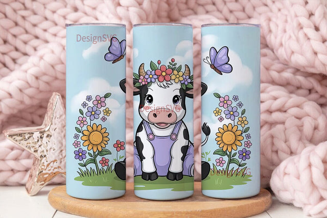 Cute Cow with Flowers Tumbler Wrap Sublimation DesignSVG 