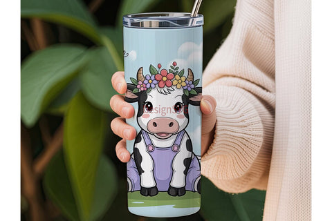 Cute Cow with Flowers Tumbler Wrap Sublimation DesignSVG 