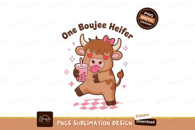 Cute cow with pink drink and bow image Sublimation Designangry 