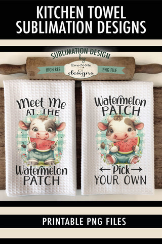 Cute Cows Watermelon Patch Sublimation Kitchen Towel PNG - Cows Eating Watermelon Sublimation Ewe-N-Me Designs 