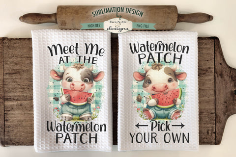 Cute Cows Watermelon Patch Sublimation Kitchen Towel PNG - Cows Eating Watermelon Sublimation Ewe-N-Me Designs 
