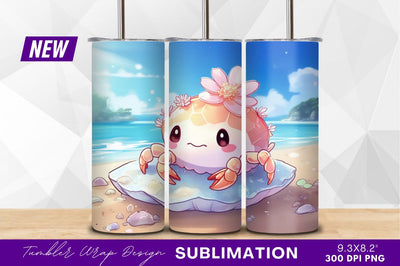 Cute crab with flowers on beach tumbler png Sublimation Regulrcrative 
