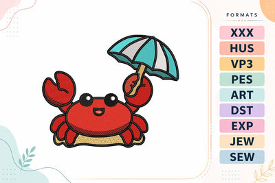 Cute Crab with Umbrella Kawaii Summer Beach Machine Embroidery Design Embroidery/Applique DESIGNS sg embroidery 