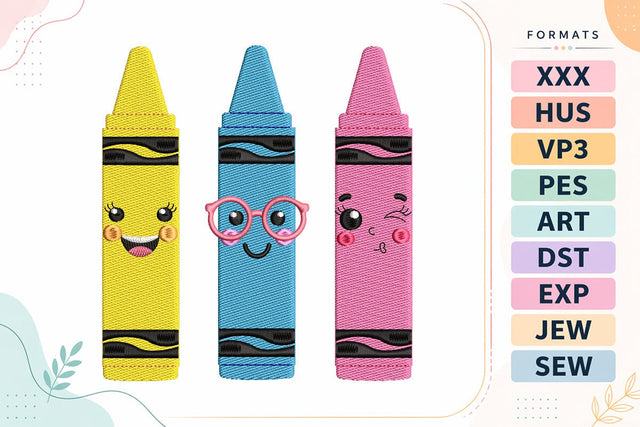 Cute Crayon Trio Embroidery Design - Kawaii Back to School Crayons Embroidery/Applique DESIGNS sg embroidery 