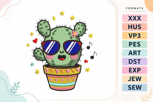 Cute Dancing Cactus Embroidery Design - Kawaii Cactus with Sunglasses Embroidery/Applique DESIGNS sg embroidery 
