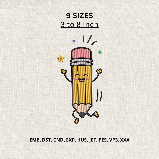 Cute Dancing Pencil Character Machine Embroidery Design – Back to School Pencil Embroidery File Embroidery/Applique DESIGNS PatternFeed8 