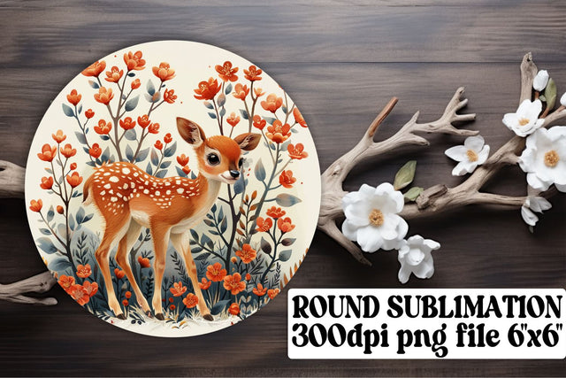 Cute Deer & Floral Keychain Sublimation Watercolor Round Design Sublimation afrosvg 