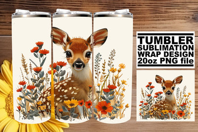 Cute Deer & Floral Wrap 20oz Tumbler Sublimation Watercolor Sublimation afrosvg 