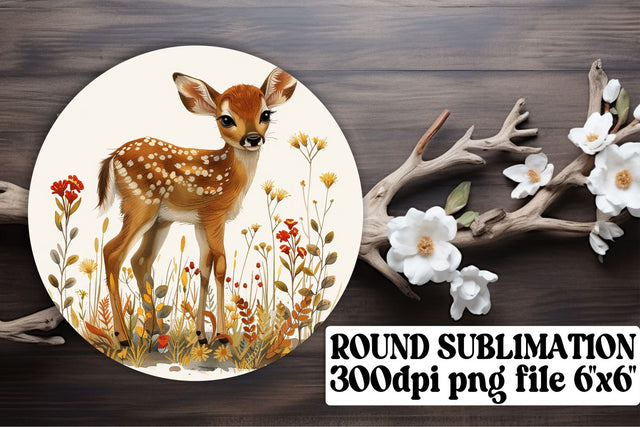 Cute Deer & Flower Keychain Sublimation Round Design Watercolor Print Sublimation afrosvg 