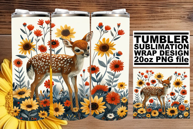 Cute Deer & Flower Tumbler Wrap Sublimation 20oz Watercolor Print Sublimation afrosvg 