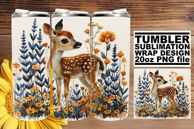 Cute Deer & Flower Tumbler Wrap Sublimation 20oz Watercolor Print Sublimation afrosvg 